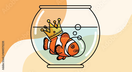 A charming cartoon illustration of a clownfish wearing a crown inside a fishbowl graphic element