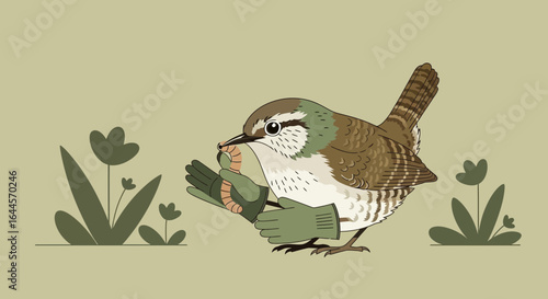 A Whimsical Wren With Gloves Holding Worms In A Garden Minimalist Illustration