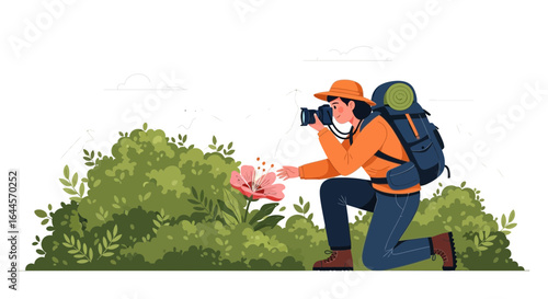 A wildlife photographer in a natural park taking a picture of a pink flower with a professional camera in a vector graphic style