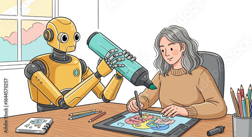 A woman artist collaborating with an artificial intelligence robot to create digital art in a studio environment sharing ideas and creativity