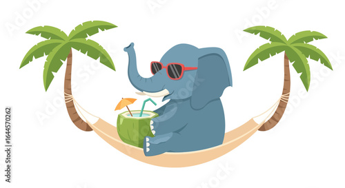 A Charming Cartoon Illustration of an Elephant Enjoying Vacation in a Hammock