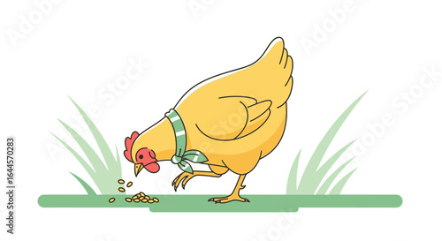 A charming cartoon illustration of a yellow hen pecking seeds in a grassy field captures the essence of simple farm life with a touch of whimsy
