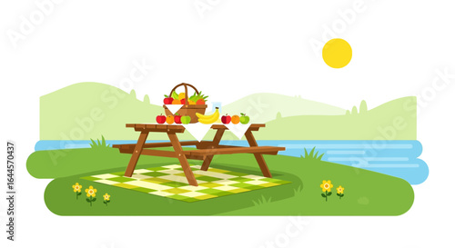 A charming picnic scene with a basket of fruit, a wooden table and blanket against a tranquil landscape enhances the essence of summer relaxation