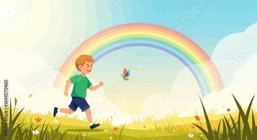 A young boy happily chases a colorful butterfly under a vibrant rainbow in a serene landscape
