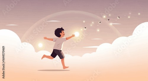 A young boy runs cheerfully towards fireflies with the sky filled with clouds and dreamy color palette backdrop enhancing the sense of wonder