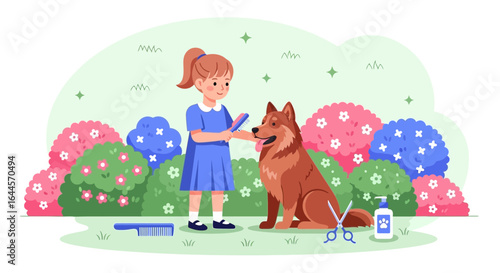A young girl grooming her dog in a garden setting with vibrant flowers and bushes