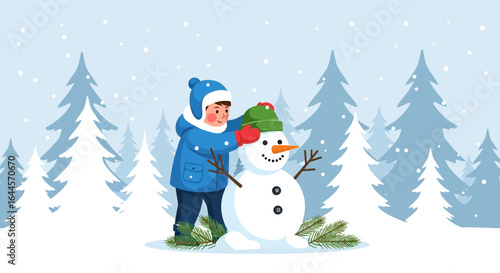 A cheerful illustration of a child making a snowman in a snowy winter forest landscape scene