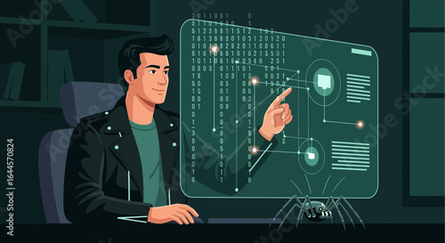 A coder working with a spider on software development interface illustration