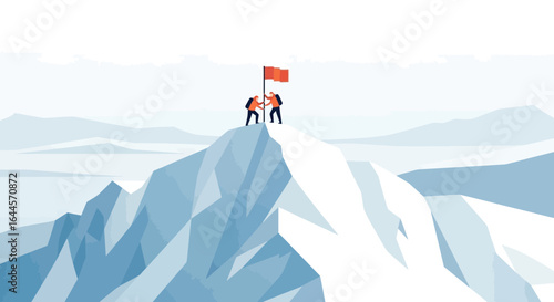 Achieving Goals Together Climbers Reaching Mountain Peak With Victory Flag