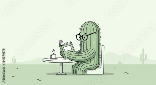 A contemplative cactus reading a book with a cup of coffee in the desert landscape setting