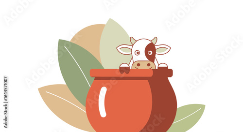 Adorable cartoon cow in a pot surrounded by leaves illustration cheerful design