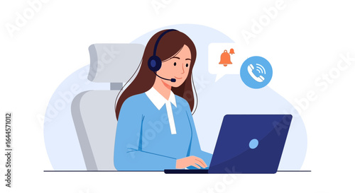 A Customer service representative in an office setting providing assistance with a headset and laptop during remote communications