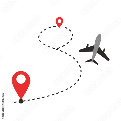 Airplane with curved dashed flight path vector illustration