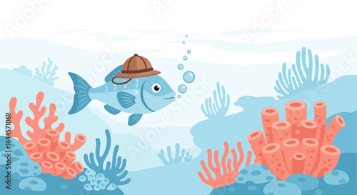 Adorable cartoon fish exploring underwater world with corals and adventure hat scene