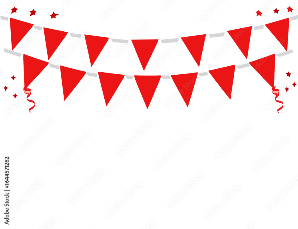 Fototapeta premium Red triangular pennants strung on a light gray string, festive decoration.