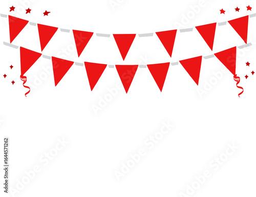 Red triangular pennants strung on a light gray string, festive decoration.