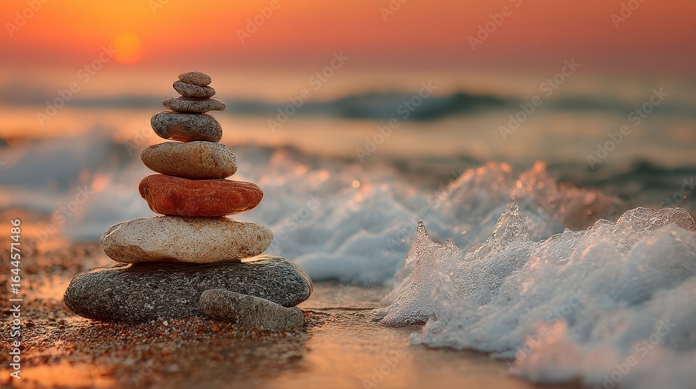 Fototapeta premium A single, perfectly balanced stone cairn on a beach at sunset