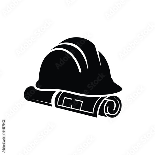 A stylized, minimalist illustration of a construction helmet resting on a rolled-up blueprint, isolated against a clean white backdrop for versatile use.