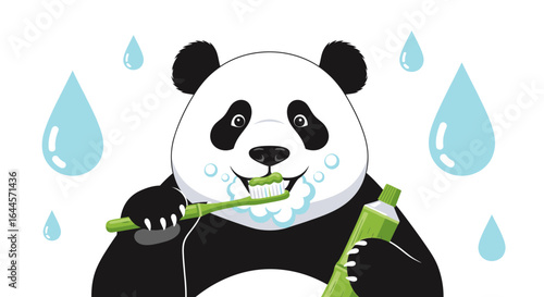 Adorable panda bear happily brushing its teeth with a toothbrush and toothpaste cartoon illustration against a clean white background with water droplets
