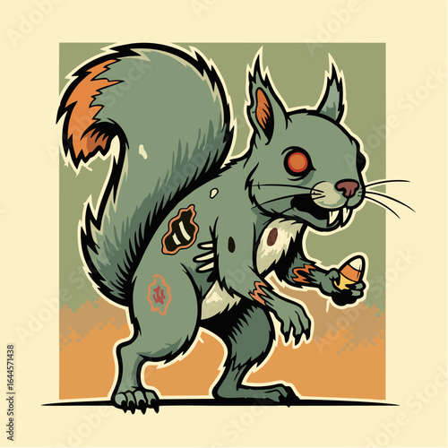 Spooky zombie squirrel cartoon character holding a piece of candy corn, isolated vector illustration for Halloween.