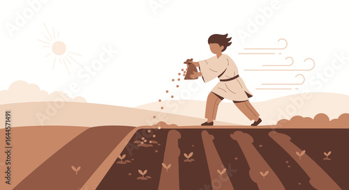 A farmer sows seeds in the field: a flat illustration of agriculture and cultivation