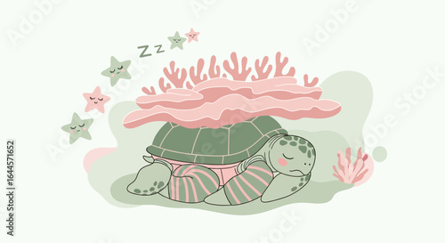 Adorable sleeping turtle resting under a coral reef surrounded by starry companions and dreaming the sweetest dreams