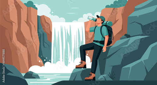 Adventurer Enjoys Refreshing Water Amidst Majestic Waterfall During Outdoor Expedition