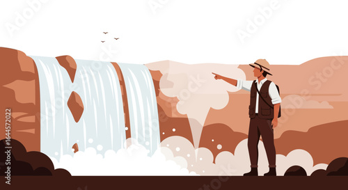 Adventurer Observes Picturesque Waterfall Scene With Breathtaking Mountain Views