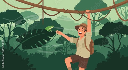 A jungle explorer swings on a vine reaching out to a green frog in a vibrant illustration