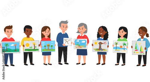 Group of diverse children and adults proudly displaying their landscape paintings, art class.