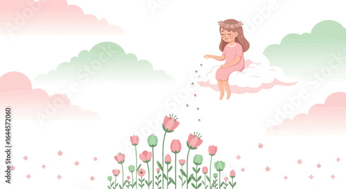 A Little Girl Seeding Flowers From Above Clouds In A Pastel Colored Sky