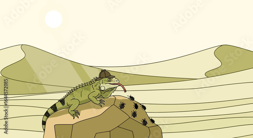 Adventures in the Desert: A Cartoon Lizard's Encounter with Bugs in the Dunes