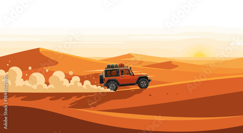 Adventures in the desert: A 4x4 vehicle navigates through the majestic sand dunes during an exciting off road journey