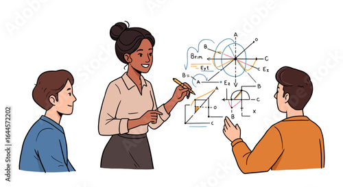 An educator explains a complex geometric diagram to two attentive male students.