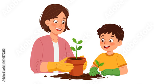 A smiling mother and her young son happily plant a green sapling together in a terracotta pot.