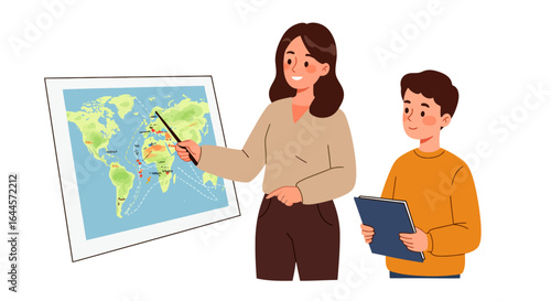 A female teacher points to a world map while a student holds a tablet, illustrating a geography lesson.