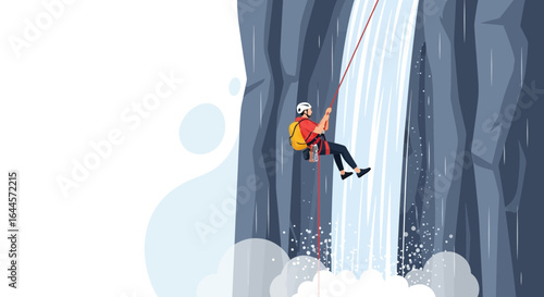 Adventurous Climber Rappelling Down Cliff Face With Waterfall Backdrop Illustration
