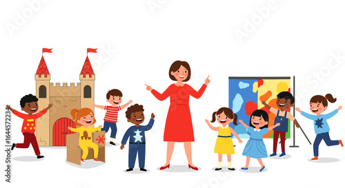 A group of diverse children and a teacher engaged in playful activities at a preschool or kindergarten.