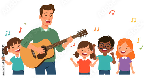 A joyful music teacher plays guitar for a group of happy children.