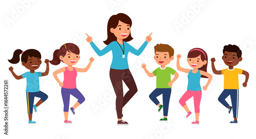 Energetic children's fitness class led by a smiling instructor.