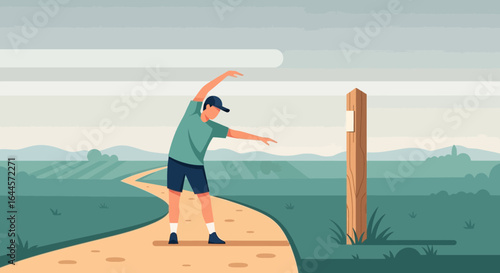 A man doing stretching exercise on a scenic trail illustration showcases wellness outdoors