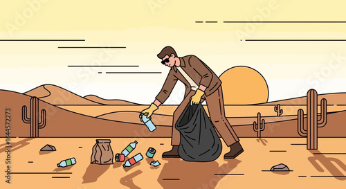 A man collecting trash in the desert to save the environment and planet