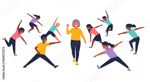 A cheerful senior woman leads an energetic fitness class for a group of active, happy children.