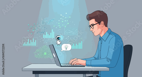 A man interacting with artificial intelligence on his laptop computer at work or school, working with technology and innovation