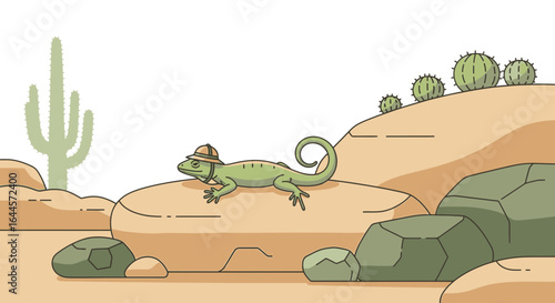 Adventurous Lizard In Desert Landscape With Cactus And Sandstones
