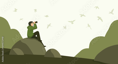 A man with a telescope looks at a flock of birds flying against the mountains background illustration vector design