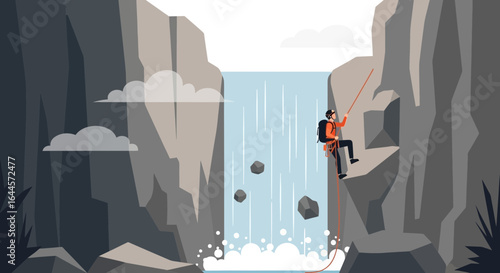 Adventurous rock climber rappelling down a steep cliff face near a waterfall scenic landscape