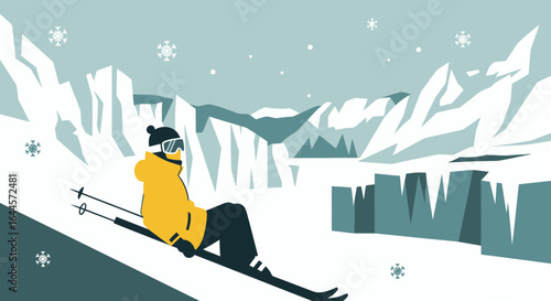 A minimalist illustration of a skier amidst a snowy mountain landscape with snowflakes