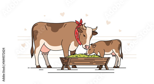 Affectionate Cow With Calf Grazing Together In Gentle Farm Atmosphere
