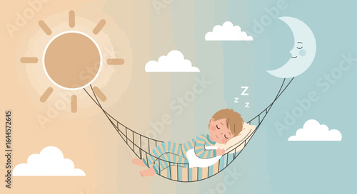 A Peaceful Slumber: Boy Sleeping in Hammock Between Sun and Moon, Day and Night Illustration